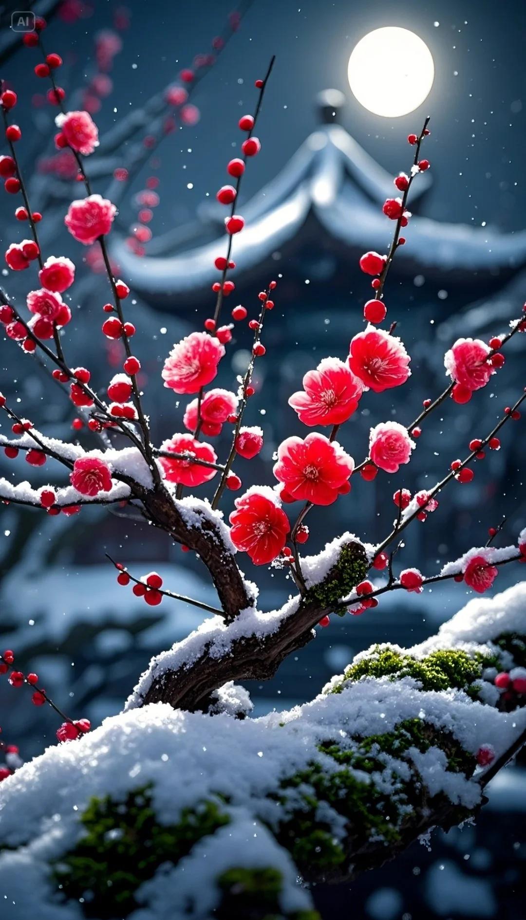 上联：冬雪舔画意  
下联我对：春梅增诗情