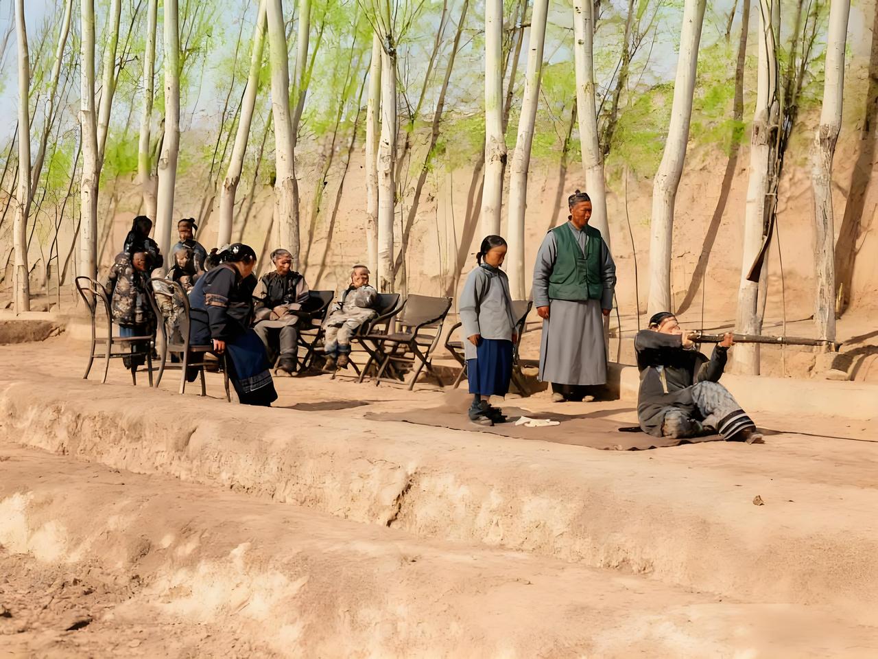 清末的郊野间，白杨树排列在背景的土坡前，投下疏落的影子。画面里，一位女子跪坐在地