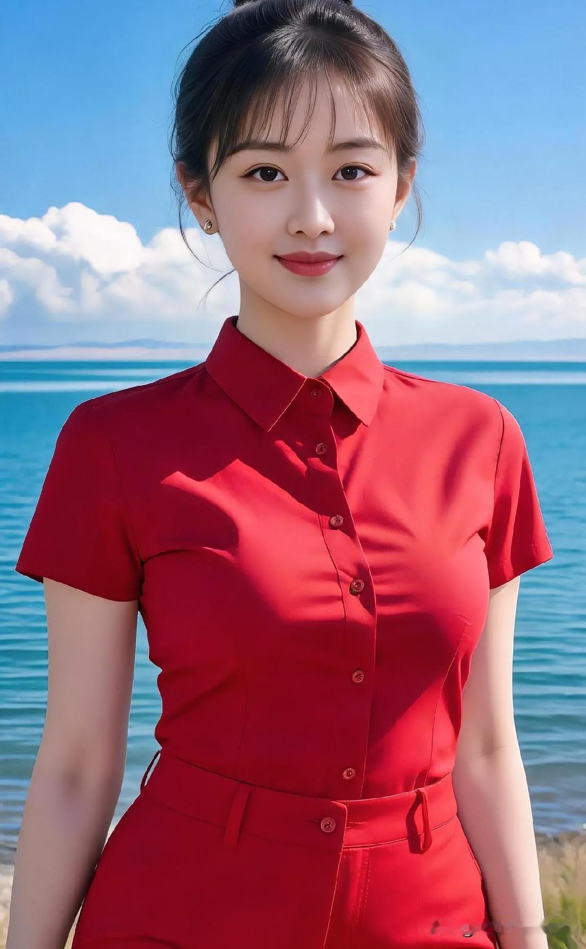 一袭红衣立于蔚蓝海岸，盘发利落，明艳动人。碧海蓝天映衬下，尽显自信优雅的夏日活力