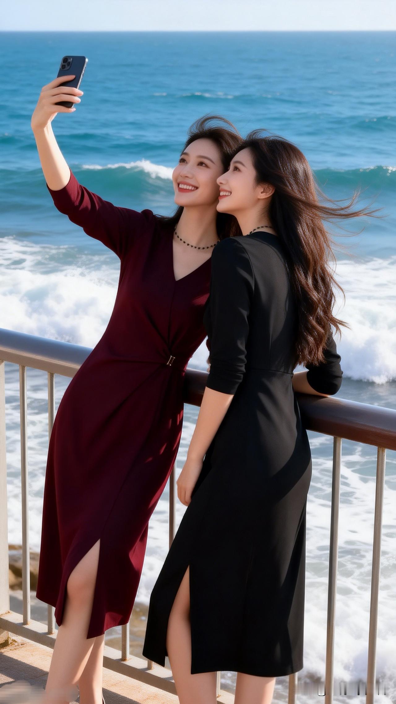 海边自拍，姐妹情深，海风吹拂，快乐时光！分享镜头下的美好