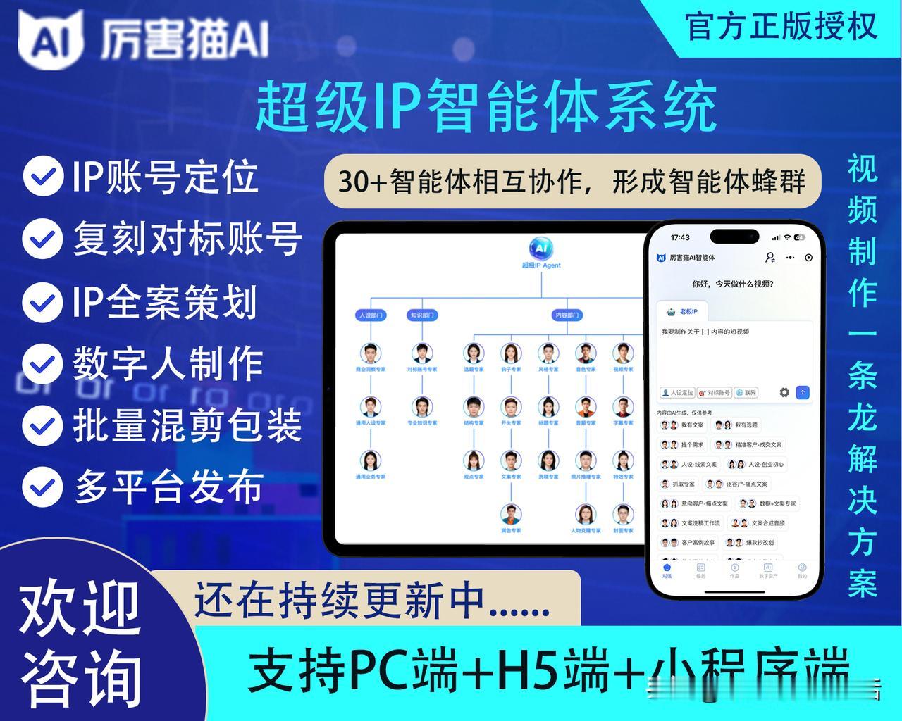 超级IP智能体系统，全球首创AI Agent矩阵，30个专项AI角色协同工作，从