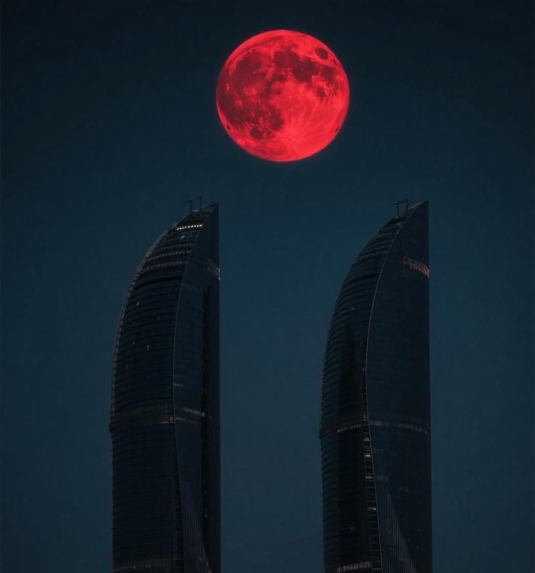 红轮悬夜宇，双塔入云深。
天地一眸撼，清辉鉴古今。

深蓝色的夜空突然浮现一轮红