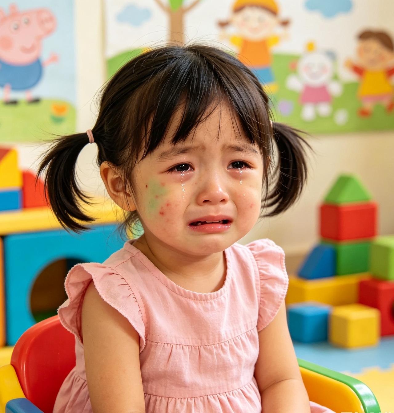 在幼儿园，我家小孩下完象棋，把小凳子双手推回原位时，不小心摔倒，脸着地，把脸摔青