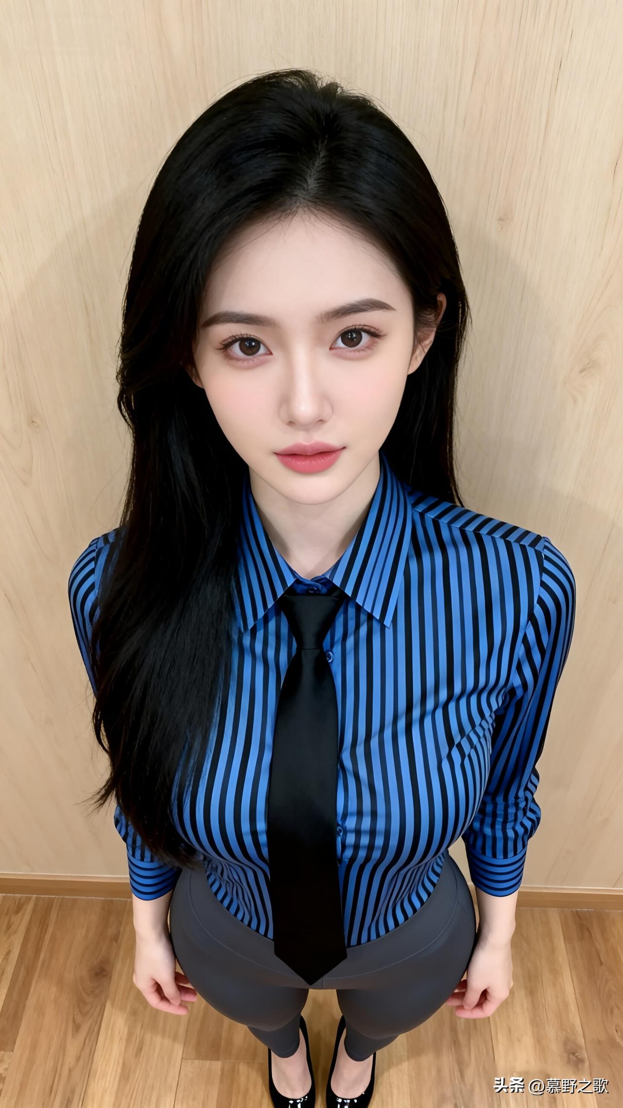 室内的线条
 
站在木地板上，蓝黑条纹衬衫和灰色 leggings，线条利落又有