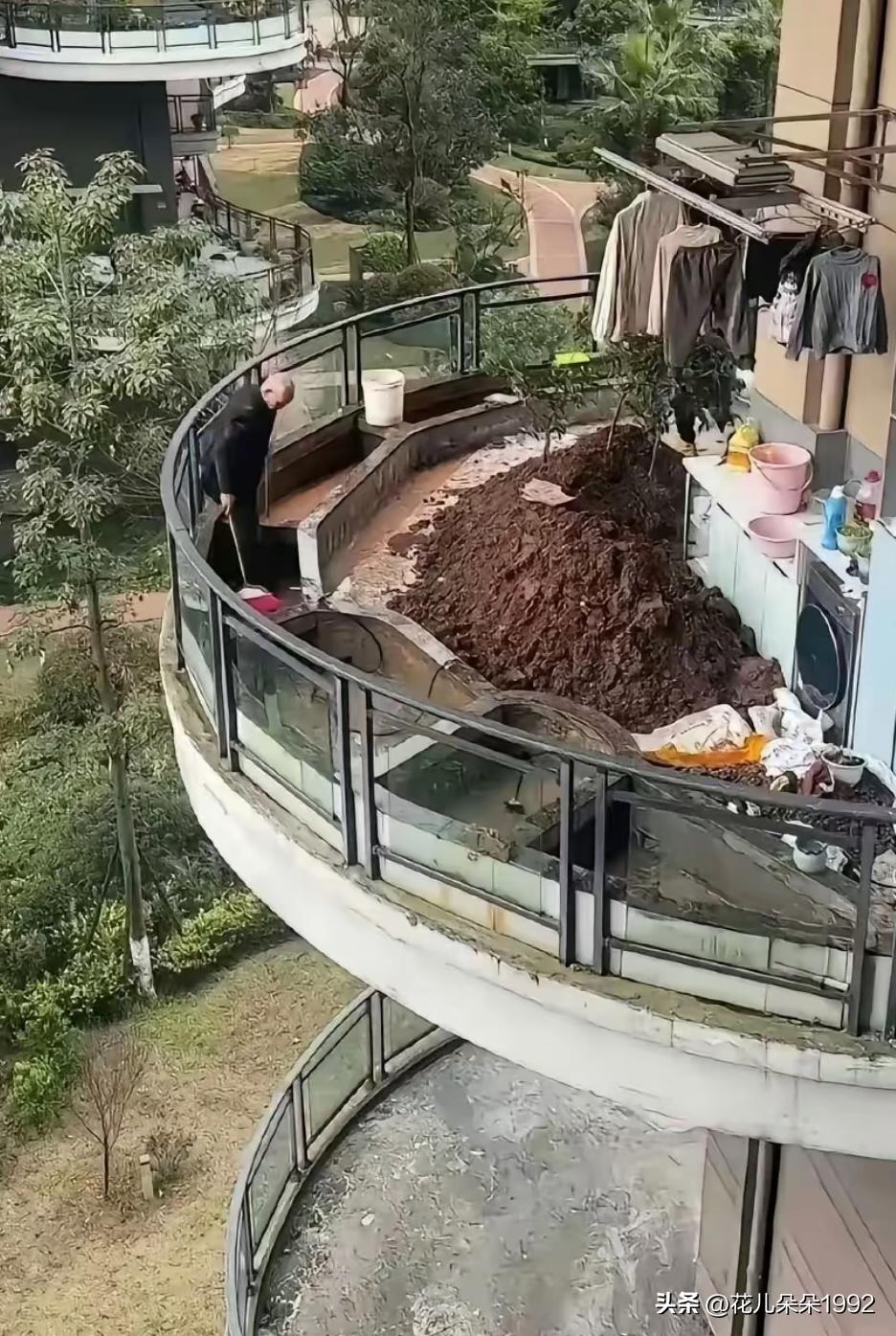 大爷真是无知者无畏，不怕阳台塌吗？
发现对面楼的一个大爷，在自家阳台上砌了不少树