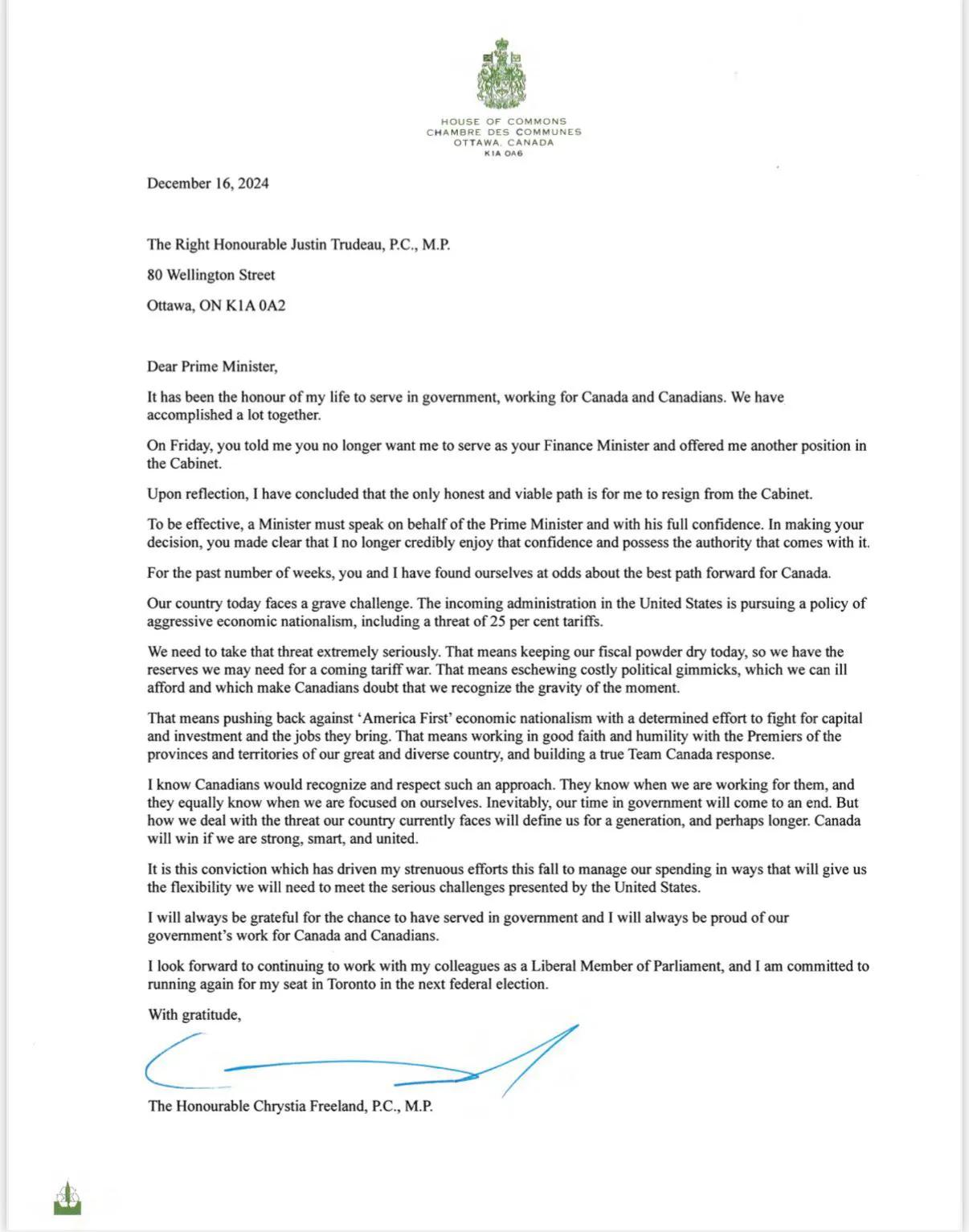 🚨突发新闻：加拿大副总理 Christina Freeland 因与特鲁多就“