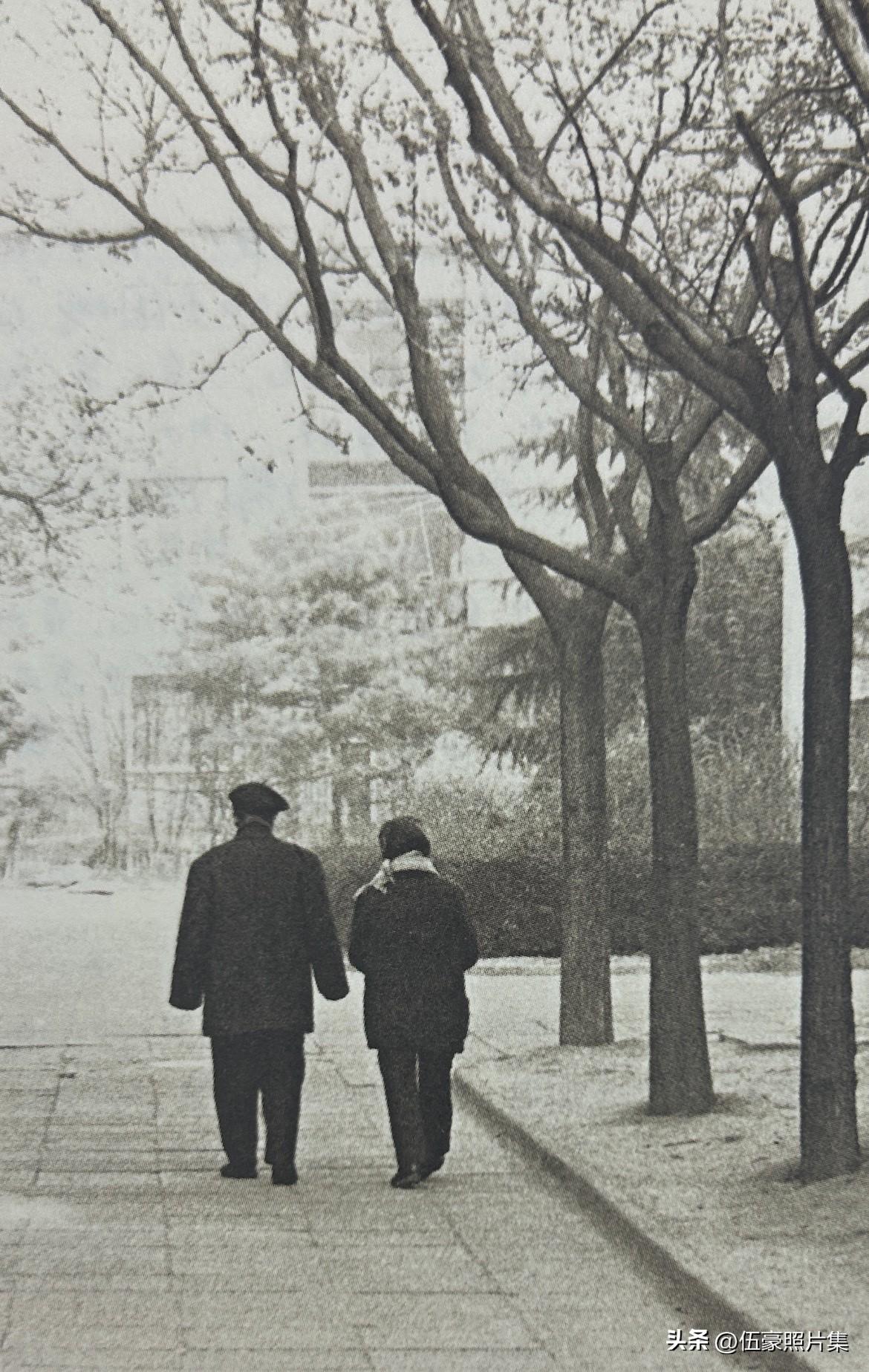 1989年冬，杨绛与钱锺书在北京三里河寓所院内散步的背影，是历经六十余年风雨后的