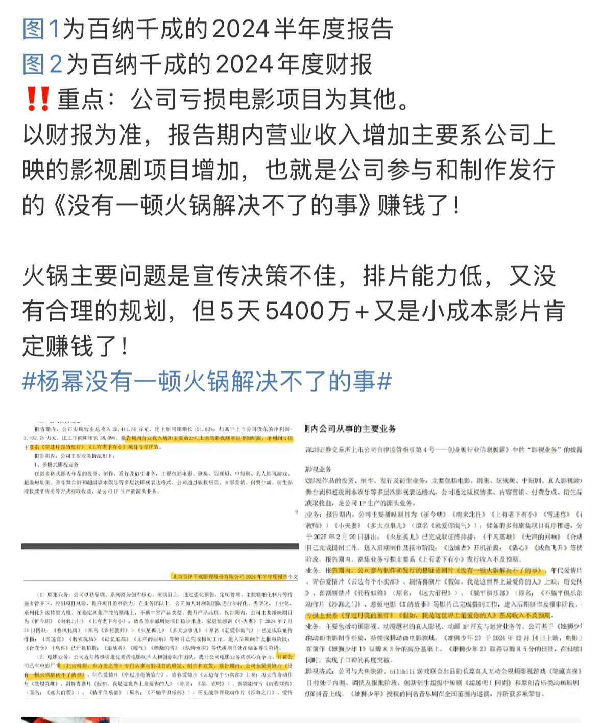 公司财报说的，说服力还挺强，但好多人全自动替人家亏了[笑cry]一顿火锅上映5天