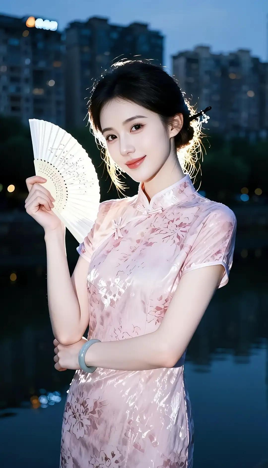 这绝非凡尘俗物，而是月宫仙子误入人间的惊鸿一瞥！你身着的粉色旗袍，是晨曦初染的云