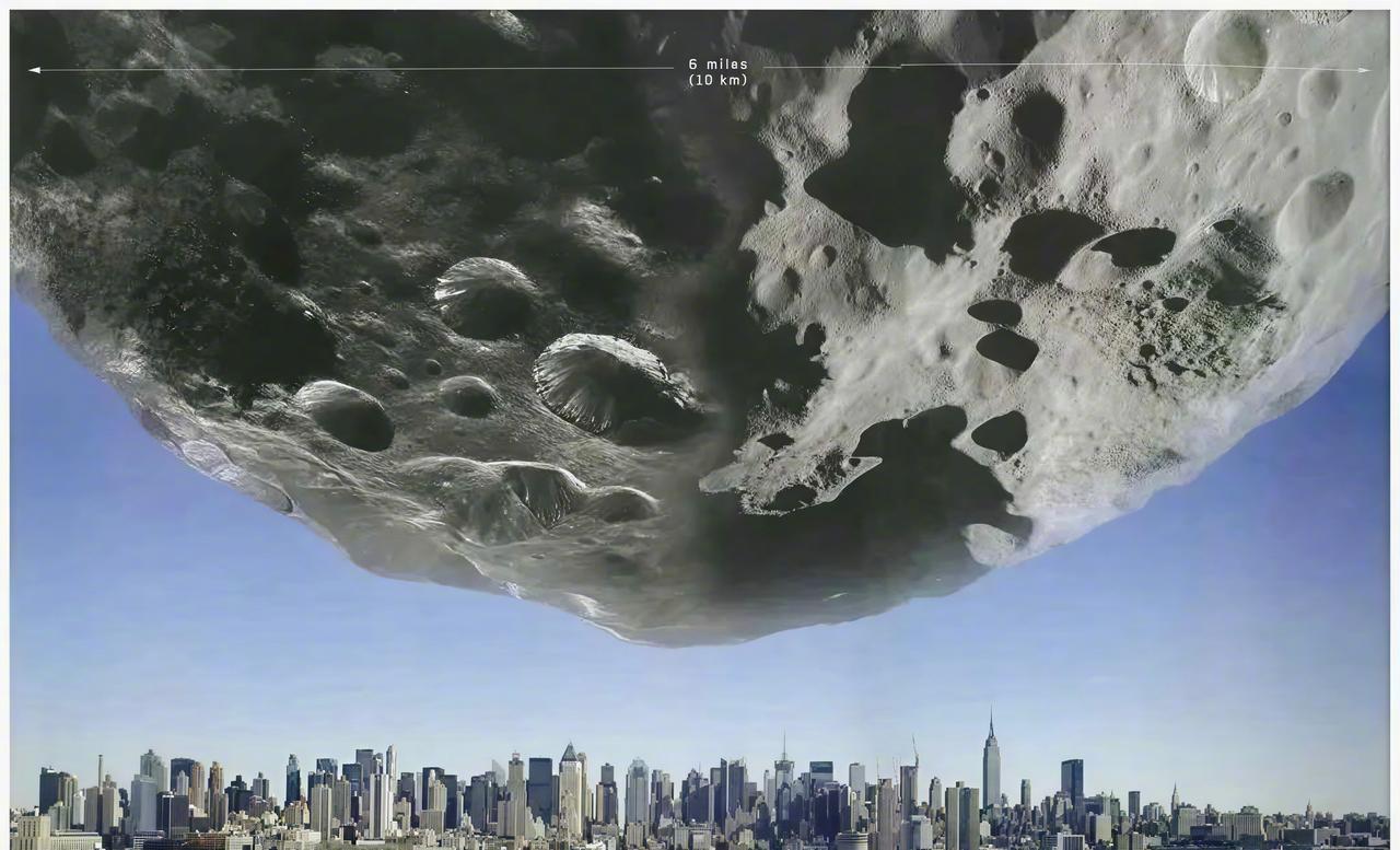 导致恐龙灭绝的小行星希克苏鲁伯与美国纽约曼哈顿的对比：
这颗小行星直径约10公里