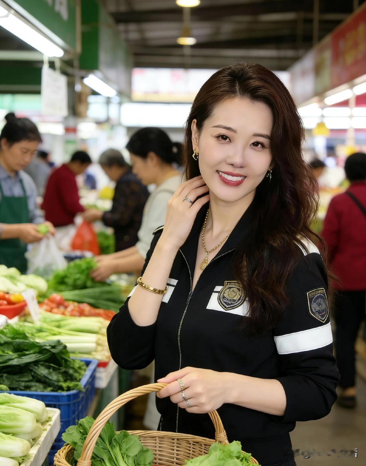 菜场里的温柔烟火
 绸缎的光泽还绕着肩颈
首饰的冷光撞进菜场的暖雾
卷发扫过竹篮