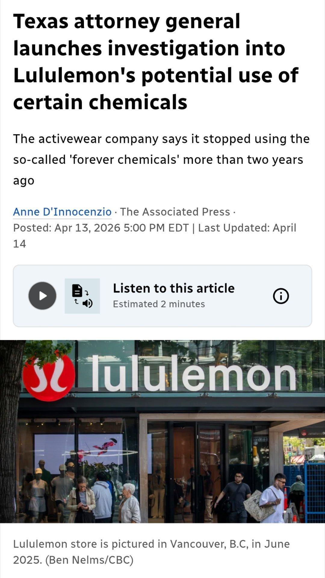 lululemon或与不孕等风险相关¹ 美国是追问衣服材料里的PFAS问题。这是