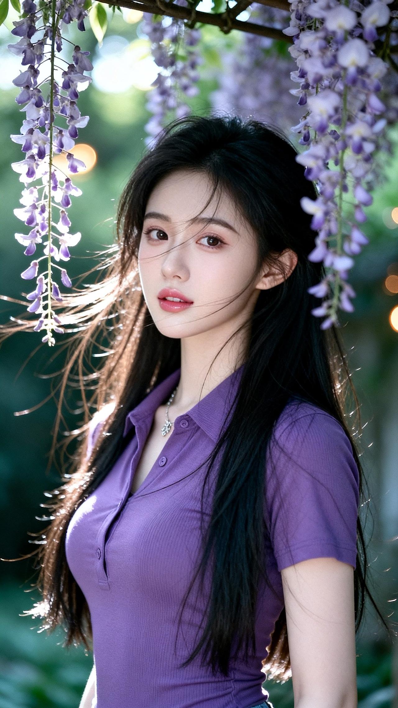 紫衣美人倚花枝，春光满面笑语迟。
