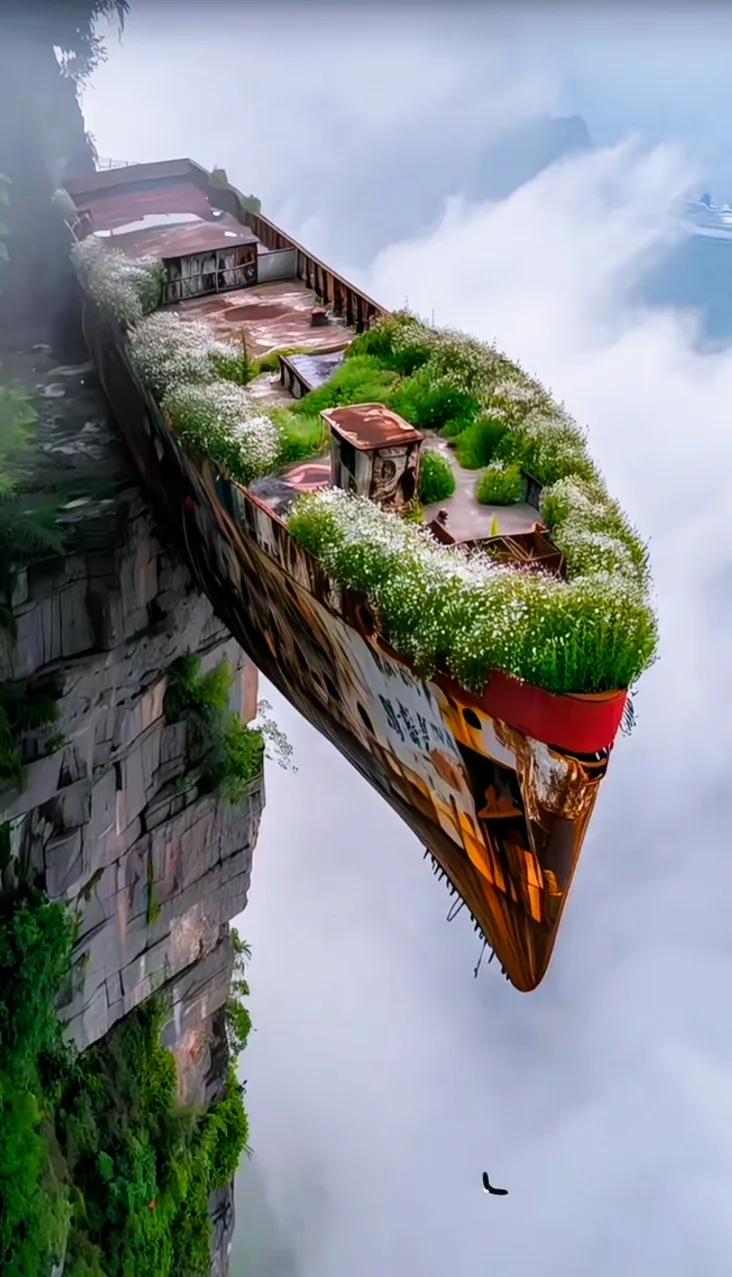 漂浮的船屋，在云雾中若隐若现风景千变万化 风景在意境