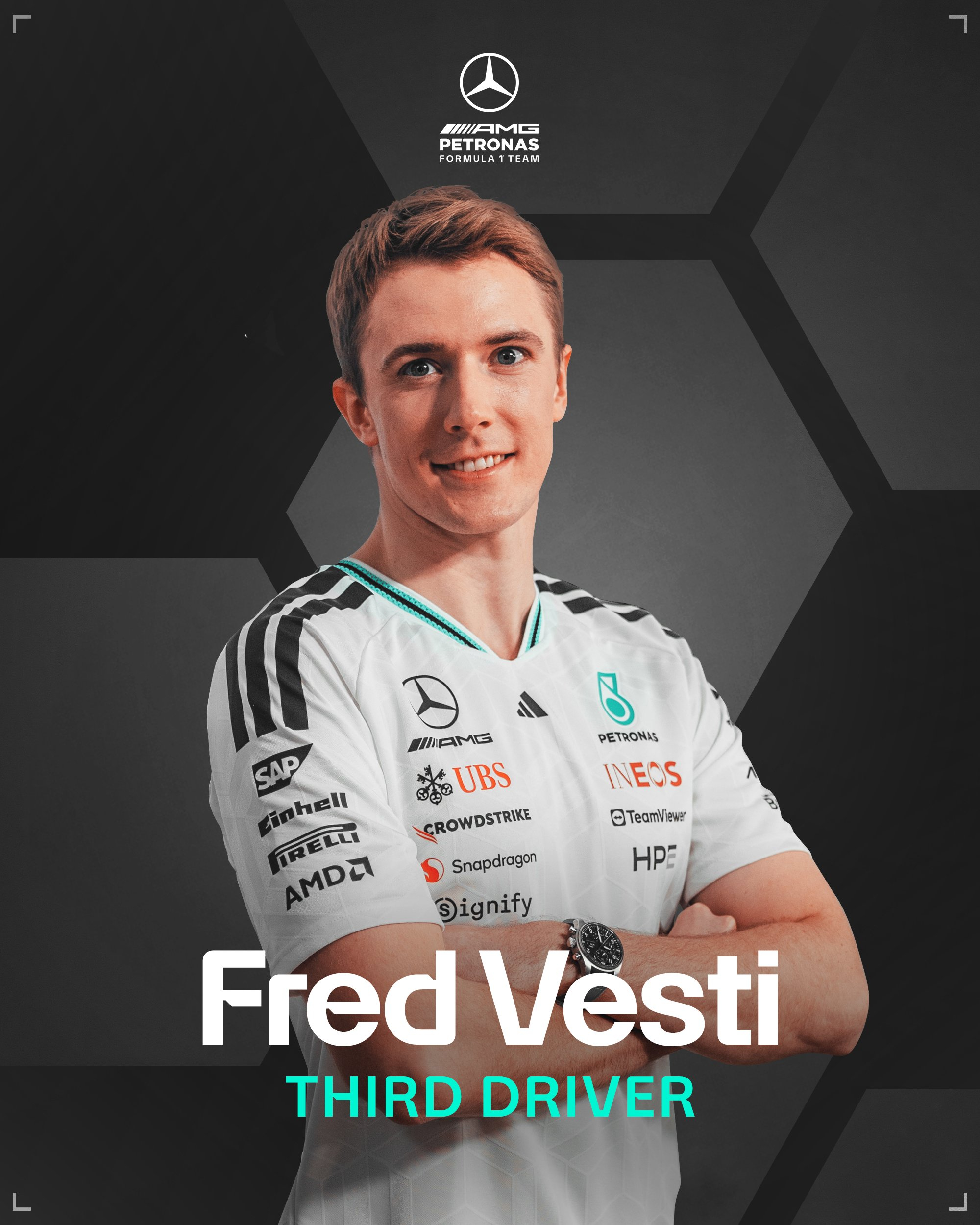 弗雷德里克·维斯蒂将在2026赛季中担任梅赛德斯车队的第三车手。F2车手约书亚·