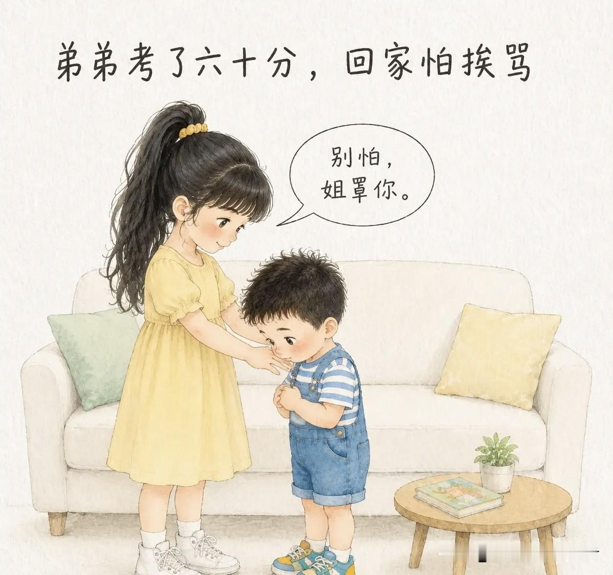 推荐有趣的漫画：弟弟考了六十分，回家怕挨骂。姐姐拍拍他肩膀：“别怕，姐罩你。”妈