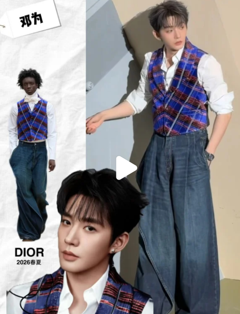 邓为这套造型是不是要封神了啊：丝绒格纹马甲：蓝红撞色复古显贵，肌理感加分；基础白