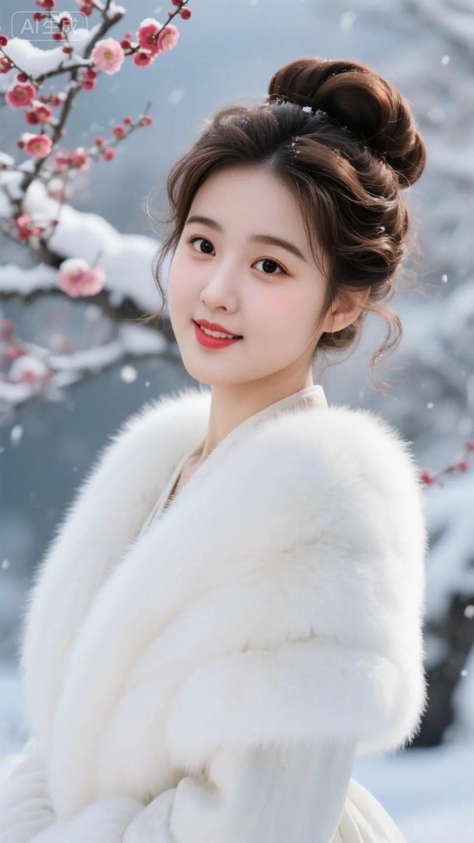 冬日暖阳下，红唇少女与雪景相映成趣。