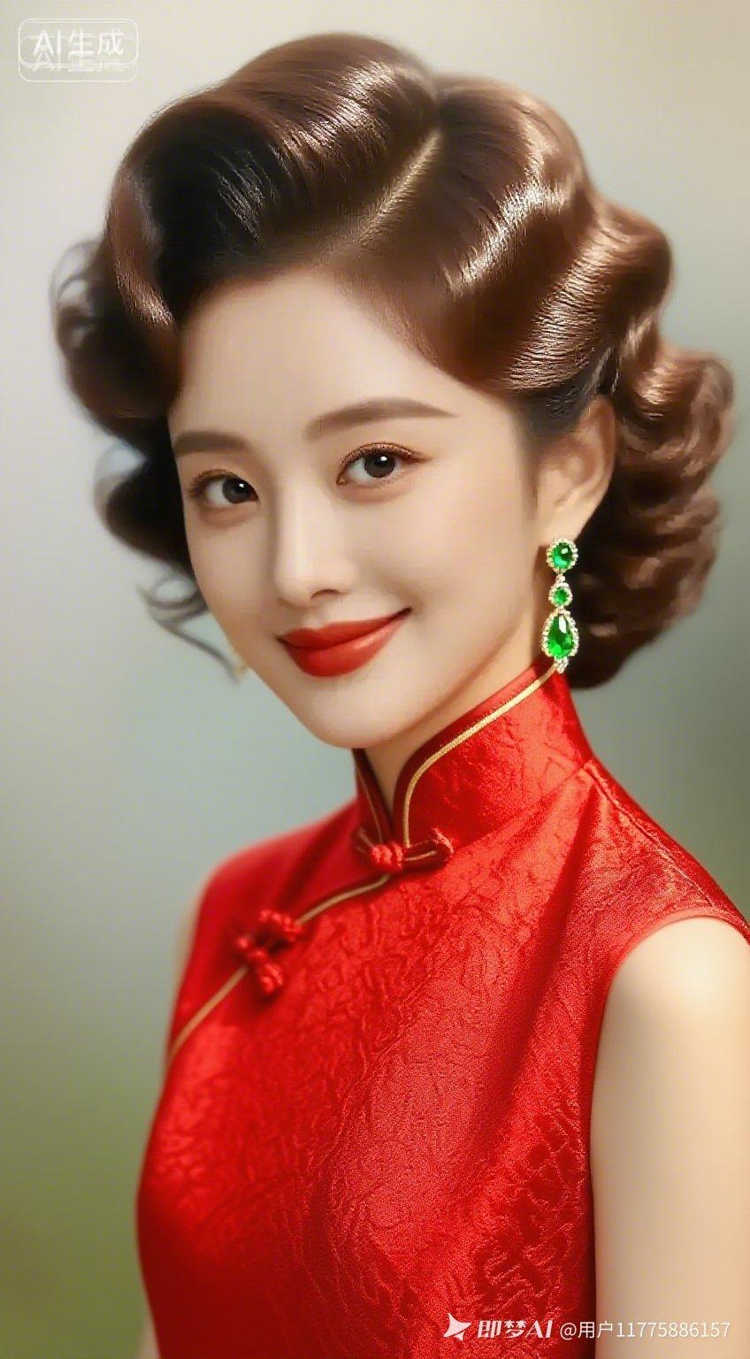 冷皮绝色佳人，明眸亮神睫毛纤长，棕发丝光熠熠。红锦高定嫁衣明艳热烈，水润凝肤自带