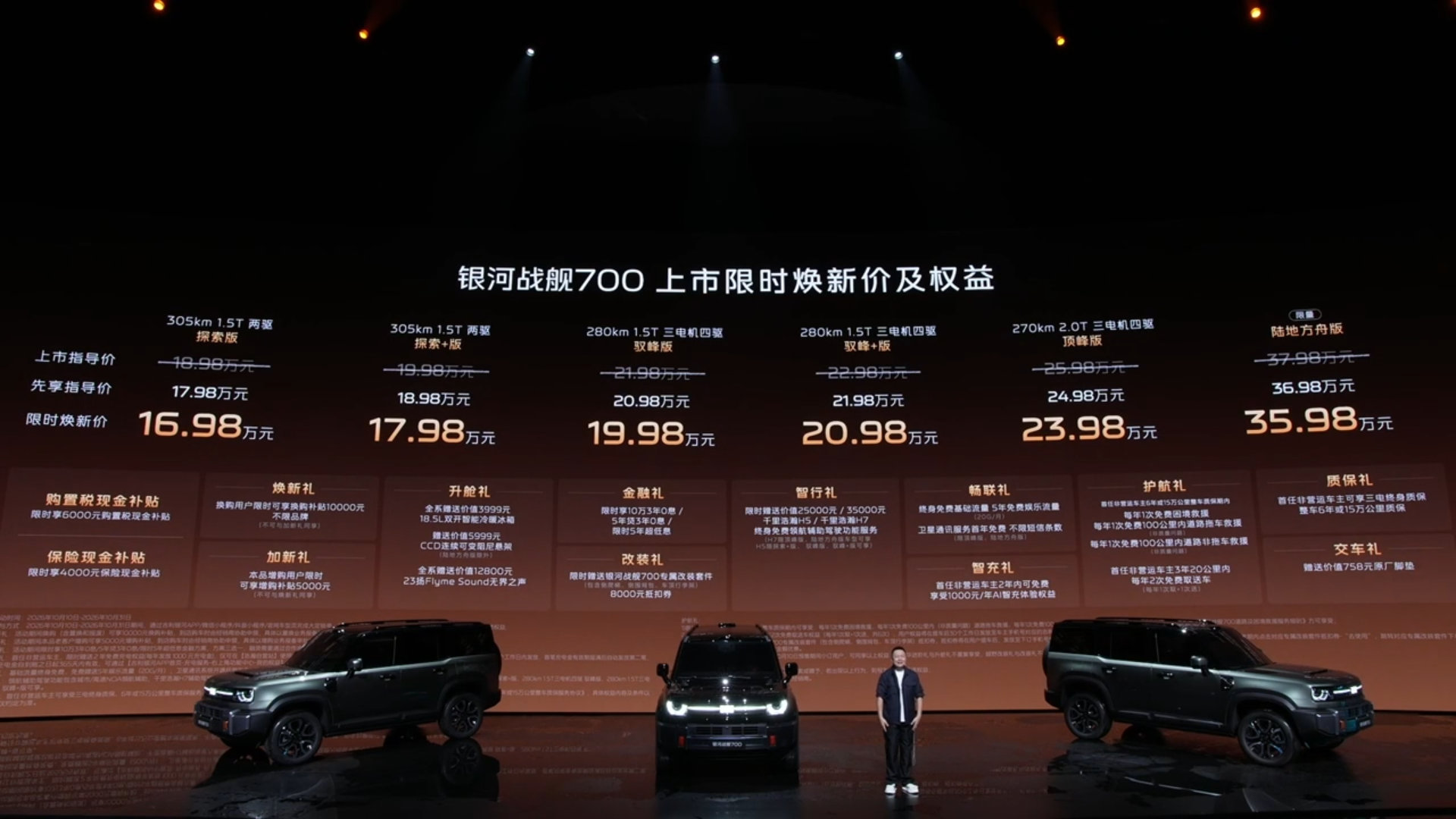 【银河战舰700售价 】10月10日晚，吉利汽车在杭州举办银河战舰700上市发布