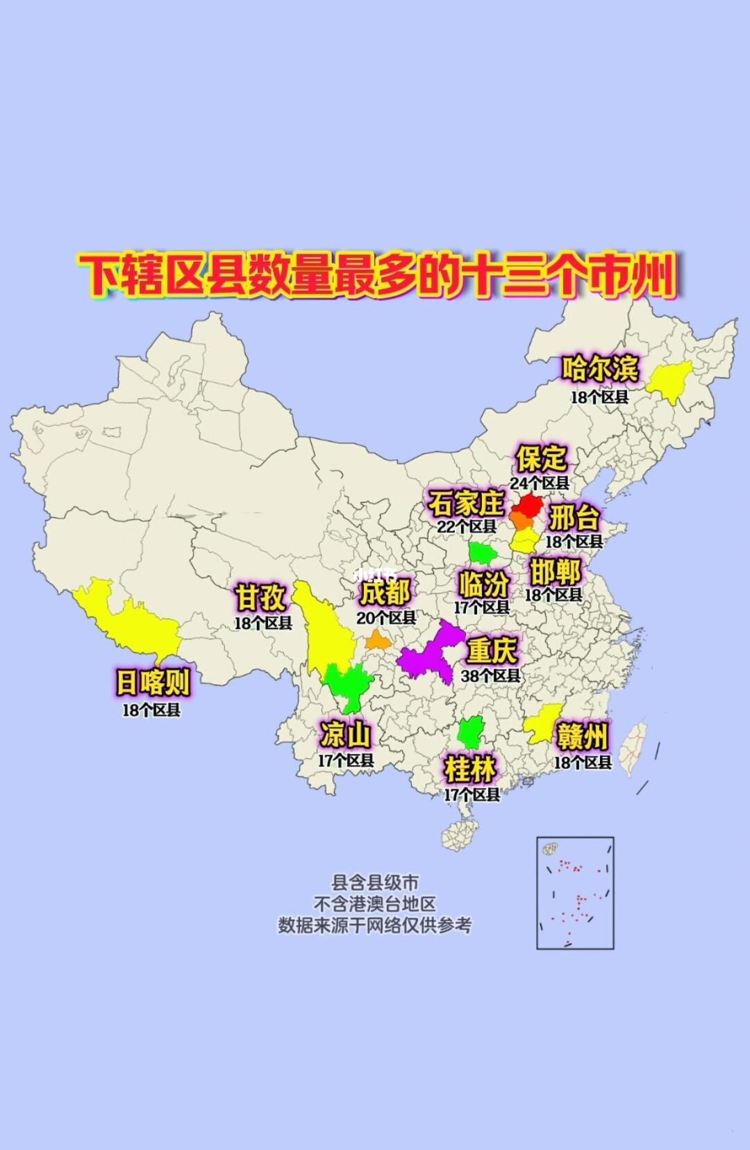 下辖区县数量最多的13州市，河北最多