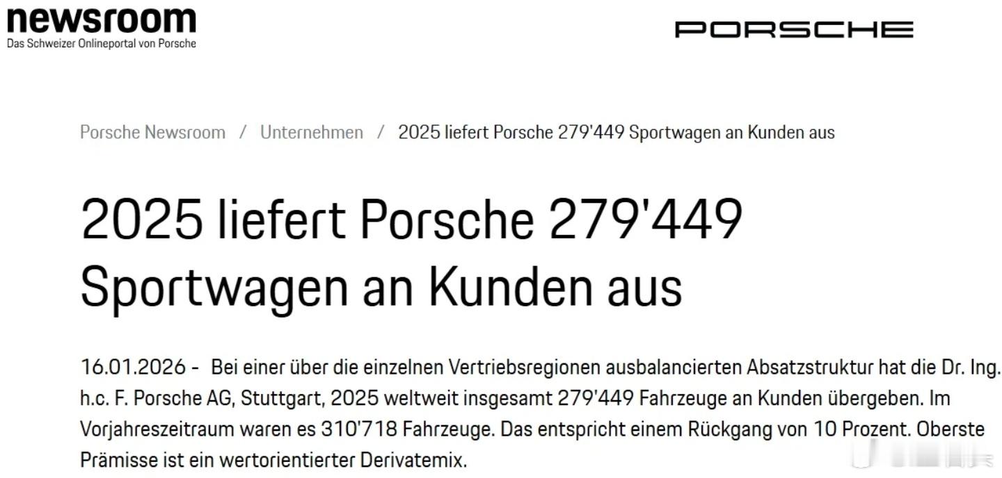 2025年，保时捷全年共交付279449辆汽车，相较于2024年的310718辆