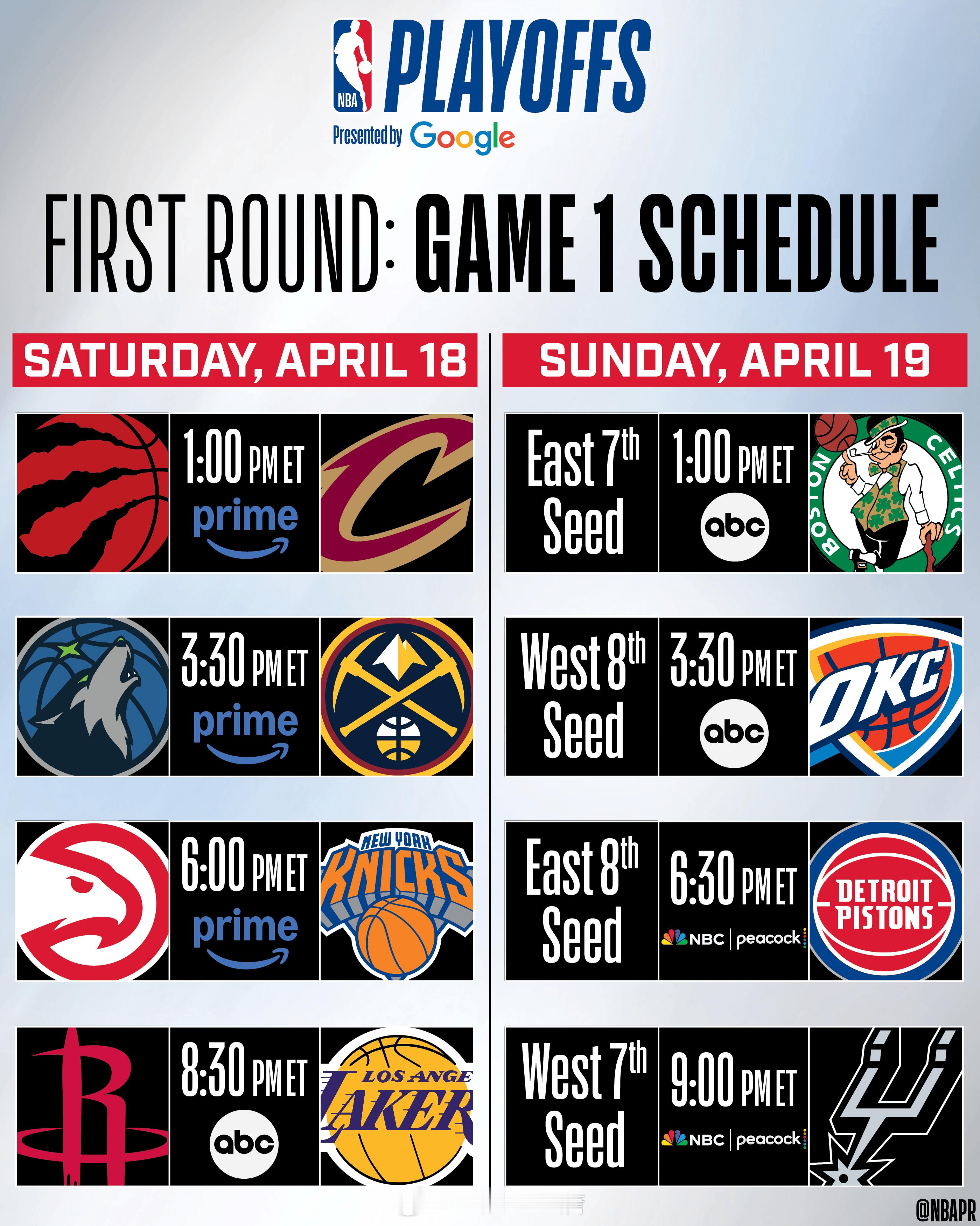 NBA官方公布季后赛首轮赛程时间。4月19日：（北京时间）1:00 骑士主场对阵