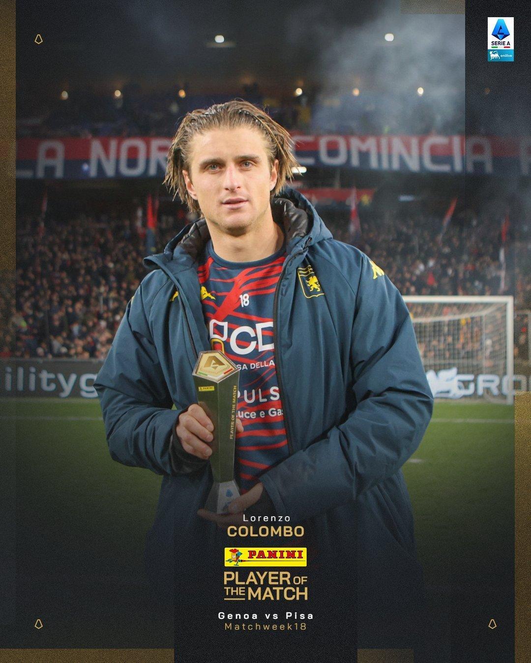 【官方】 热那亚1比1比萨 🎖️ 洛伦佐·科隆博🇮🇹当选本场比赛最佳球员。