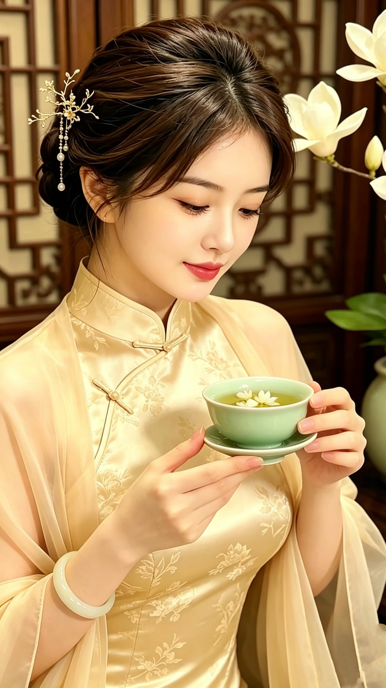 窗隅清韵
 
木格窗棂铺着和煦柔光，白玉兰枝静立一侧，青瓷茶盏浮着素白花瓣，浅碧