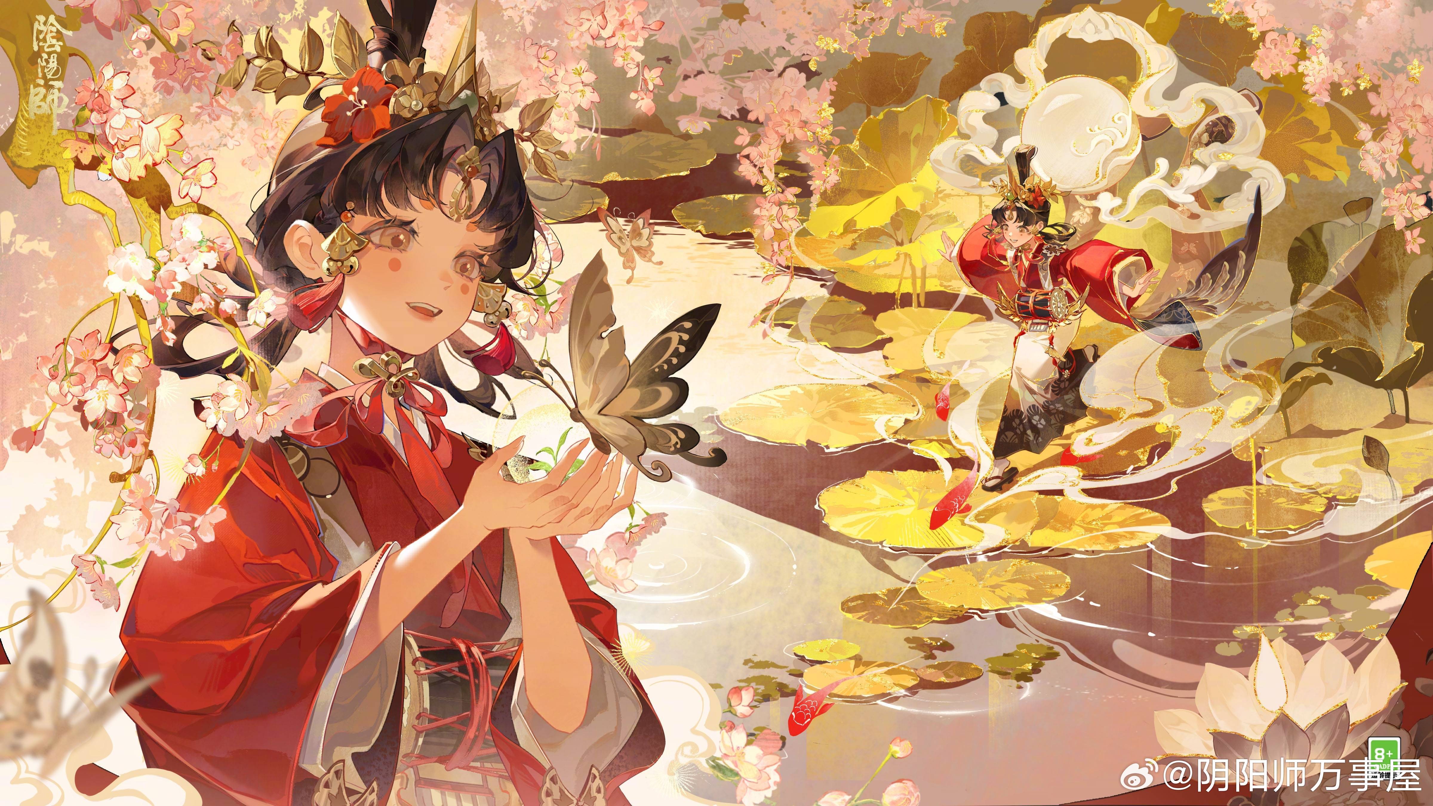 阴阳师手游 福悦座敷童子典藏皮肤专属插画「畅意蝶游」“风荷满袖，福气自来。 鱼蝶