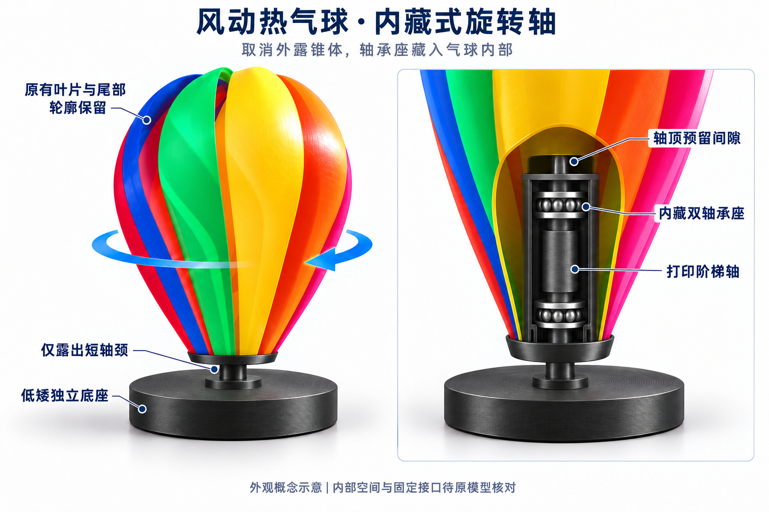 之前打印的热气球风车，虽然很好看也很爱转，但有两个遗憾，一是吊装设计不能放墙上，
