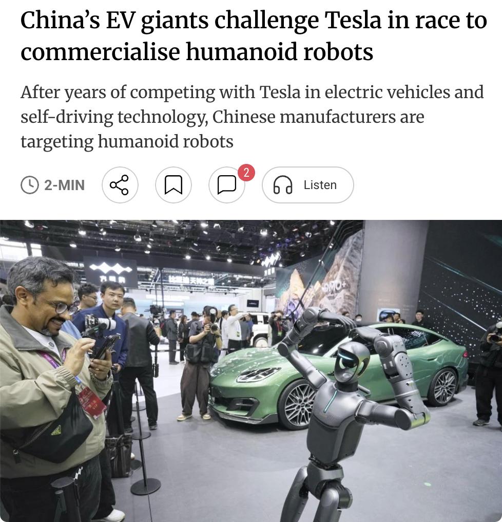 外媒：中国电动车巨头挑战特斯拉，开辟人形机器人新战场

在电动车和自动驾驶领域与