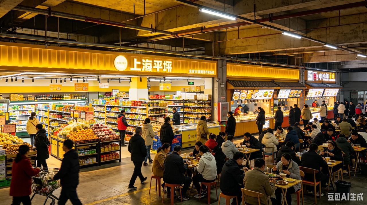 南坪上海城焕颜，
车库巧变美食园。
超市琳琅光耀眼，
厅堂璀璨客满园。
雕梁画栋