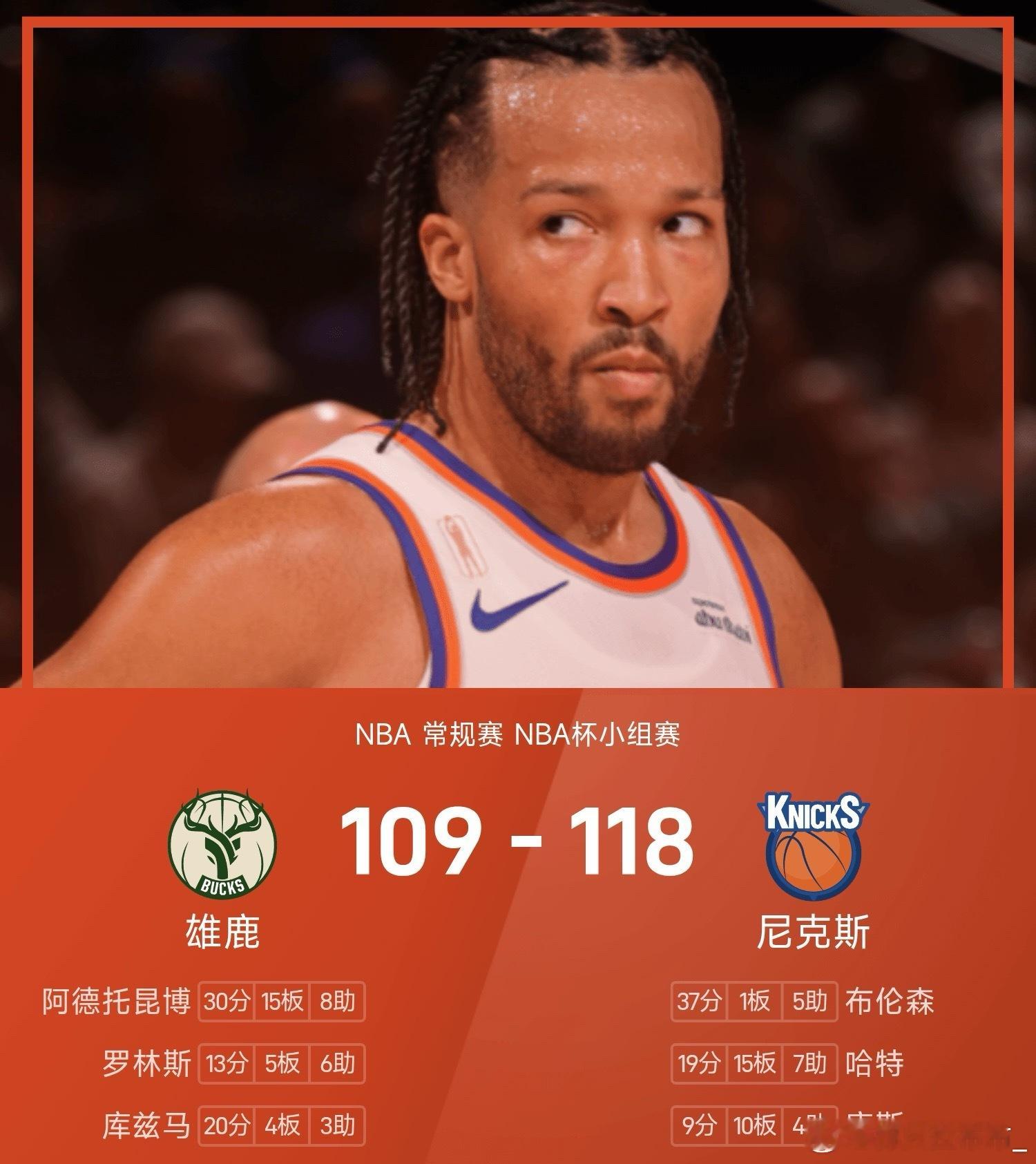 25/26赛季NBA 常规赛 NBA杯小组赛，尼克斯对阵雄鹿。双方全场战罢，尼克