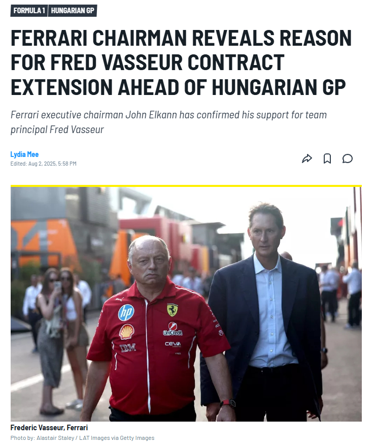 法拉利主席约翰·埃尔坎接受F1官网采访时说：“我们与弗雷德合作得非常愉快，当合作