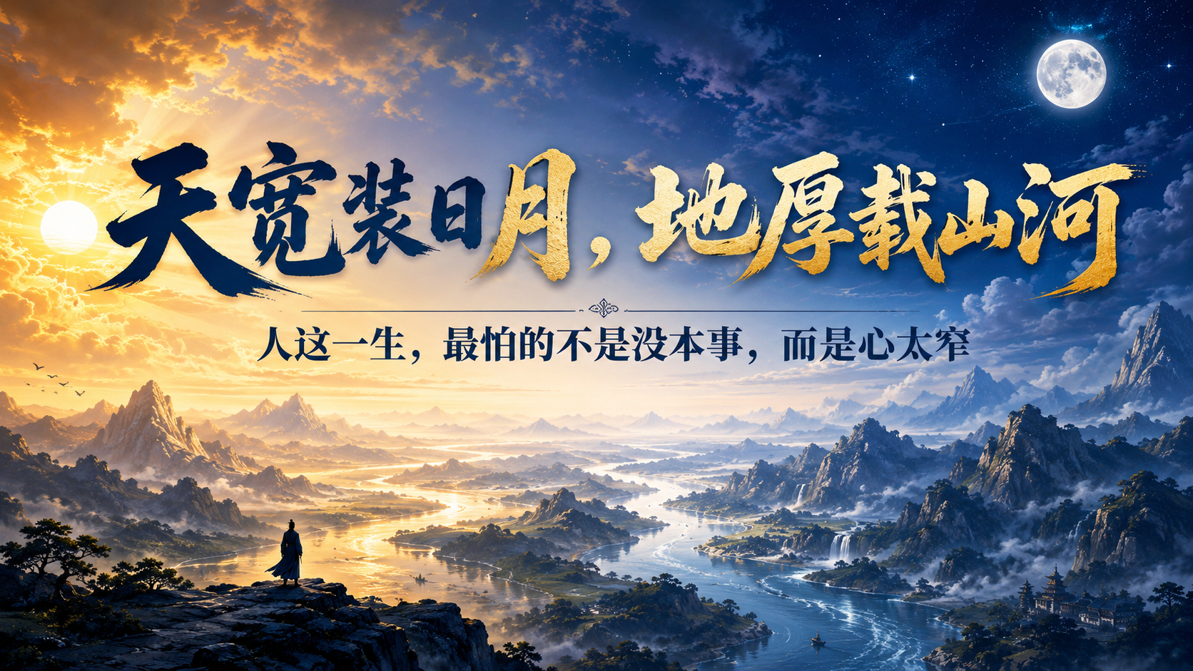 上联是：天宽装日月，诚邀下联天宽装日月，地厚载山河：人这一生，最怕的不是没本事，