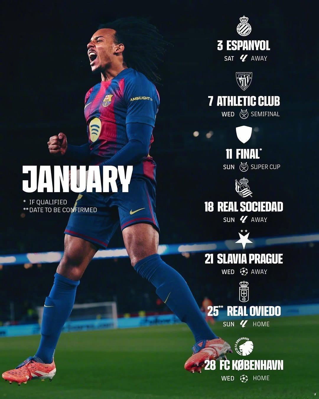 ⚽西甲+西班牙超级杯+欧冠三线并行🆚🆕2026年一月请你对巴萨好一点🙏🏻