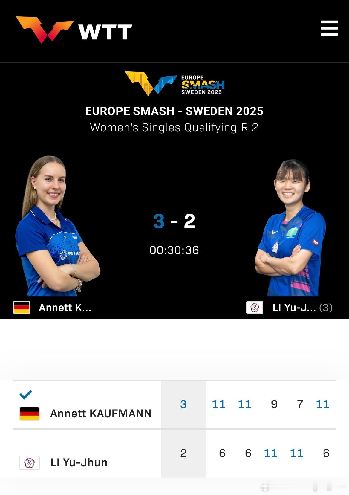 WTT欧洲大满贯瑞典站2025 女单资格赛第二轮🇩🇪考夫蔓3比2李昱谆（中国