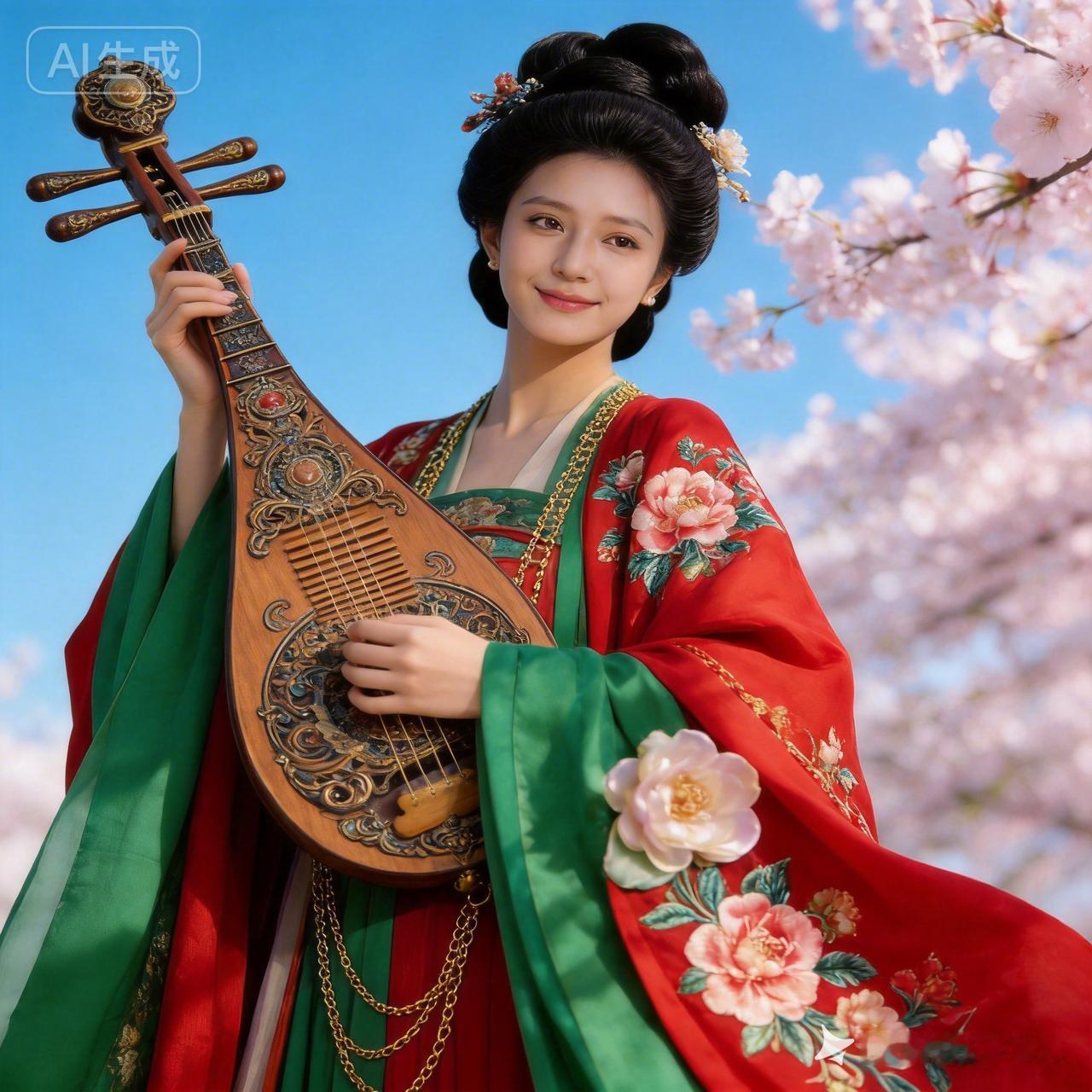 穿越时空的古典美人，手持古筝，樱花树下悠然自得。