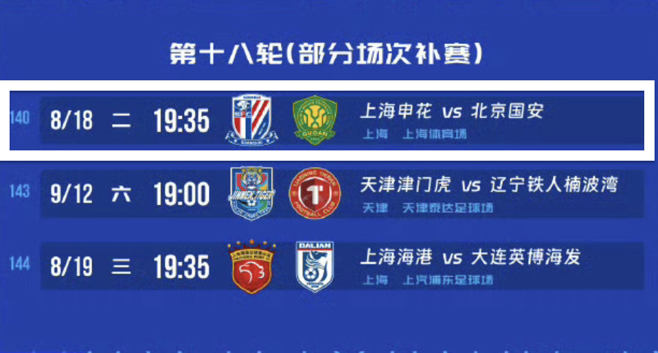 北京国安 中足联已经确认，国安和申花的第18轮补赛，将会在8月18日（周二）19