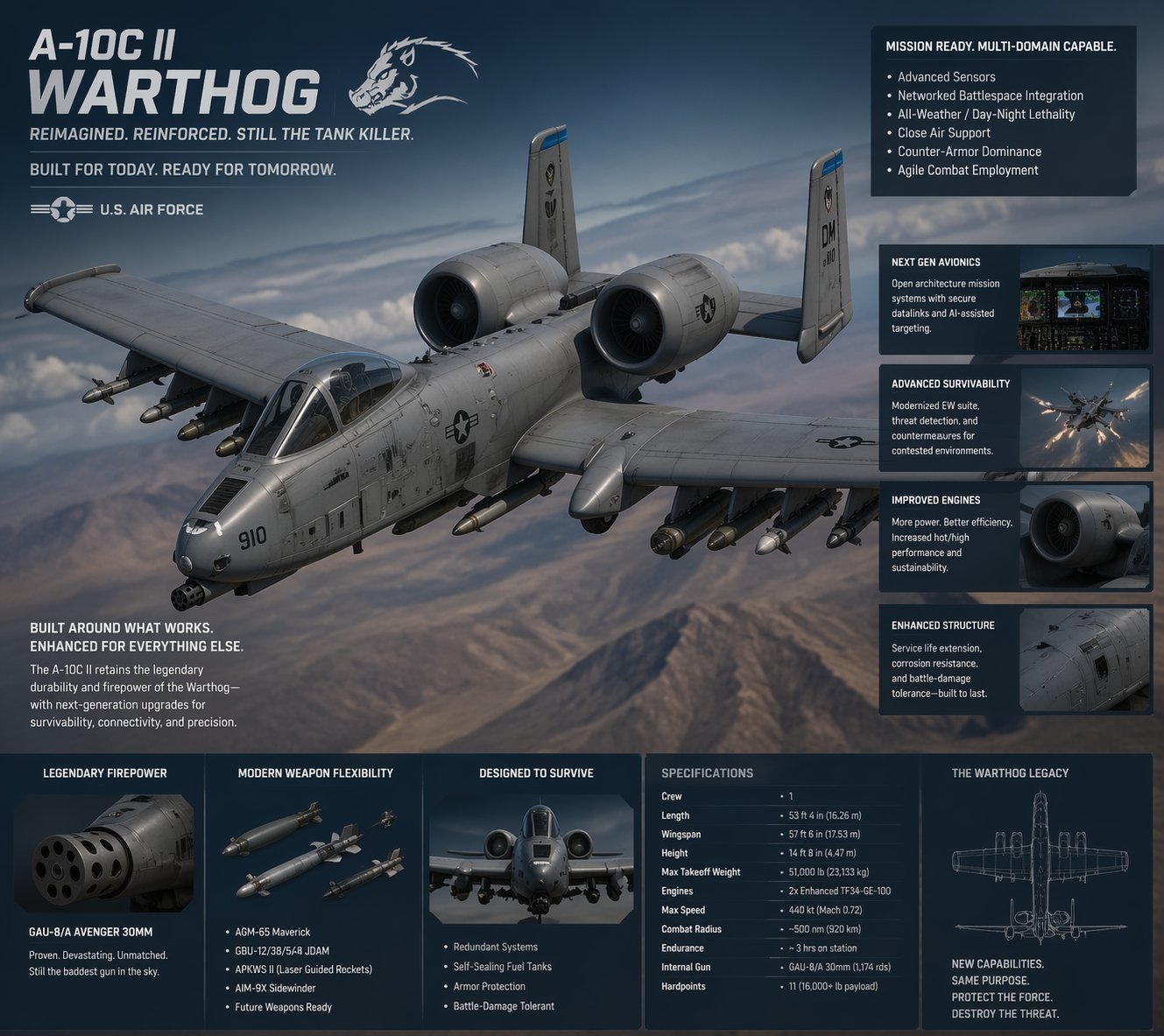 军事ai新视野 帝国🇺🇸空军A-10C II“疣猪”攻击机。 