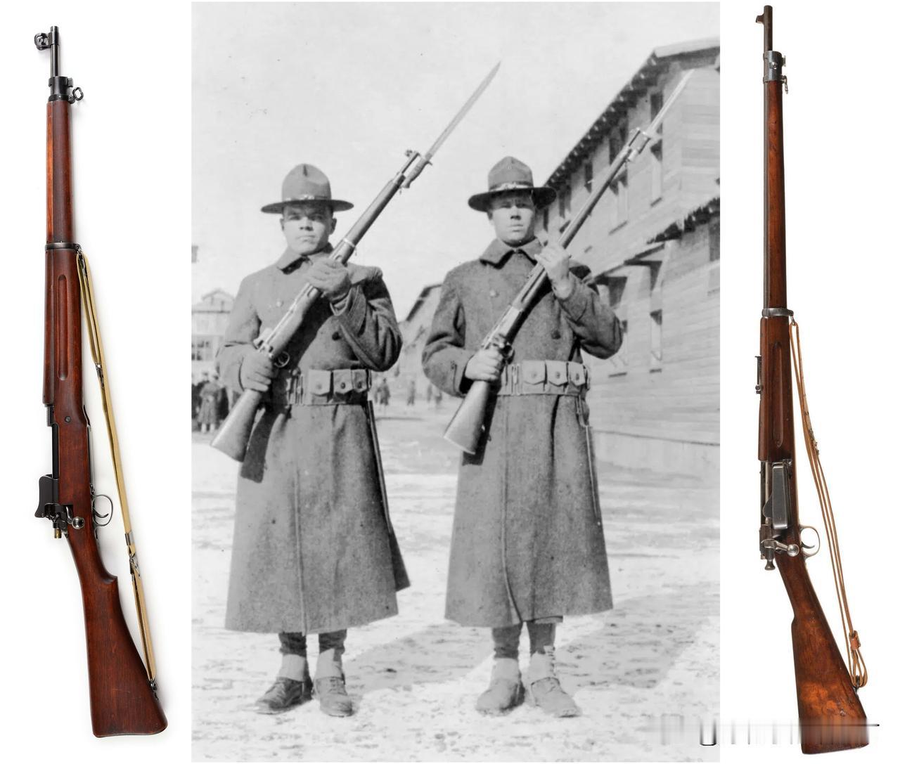 第一次世界大战时期，两名美军士兵各持一支步枪。请各位大拿来说一说型号吧~[呲牙]