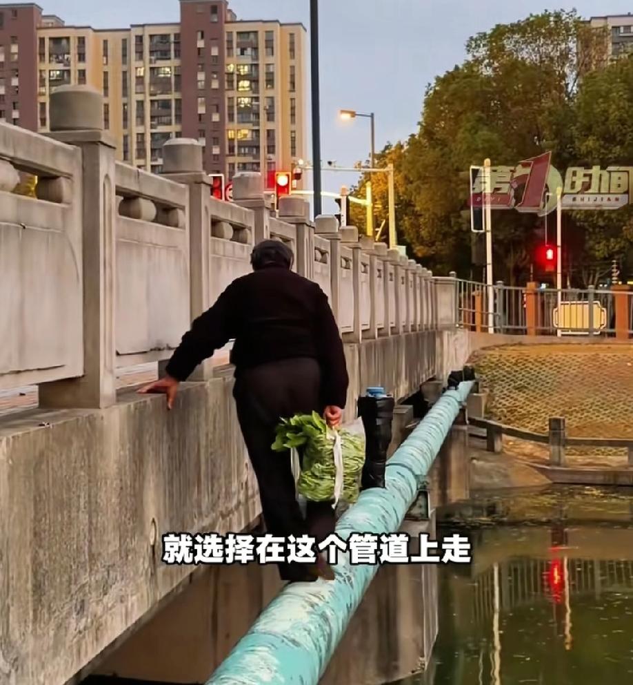 这老人简直比年轻人还疯狂啊！竟然直接走桥两边的管道，真是太胆大了

上海一位七旬