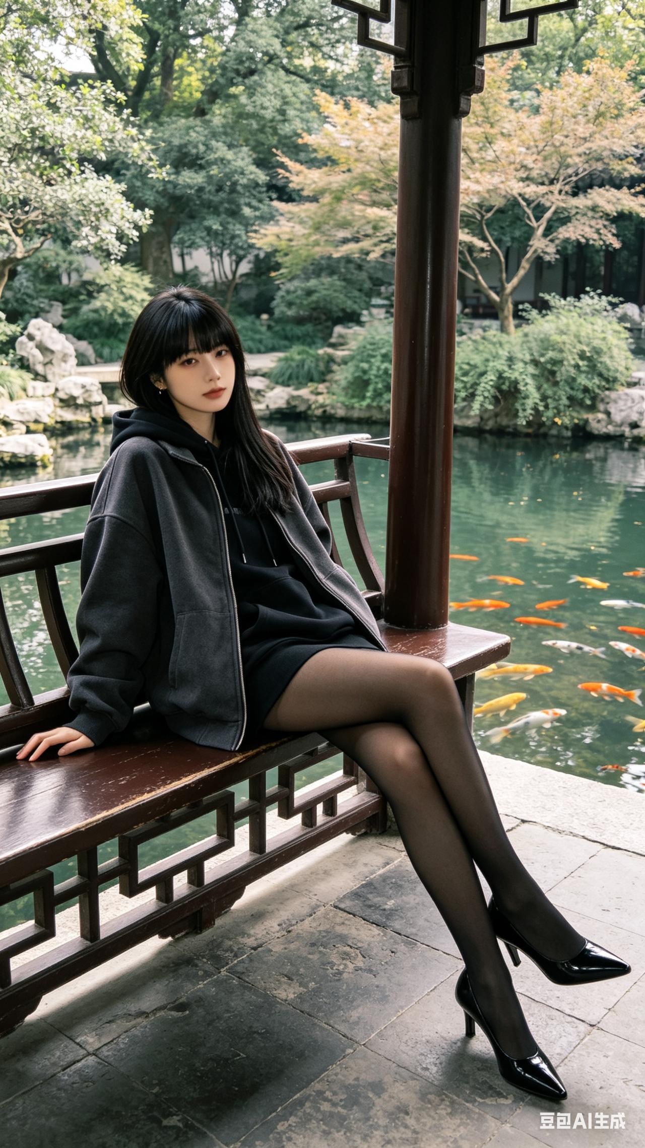 女生黑长直齐刘海，倚园林木椅随性交叠双腿。黑衣灰外套搭配黑丝亮皮鞋，池边锦鲤相映