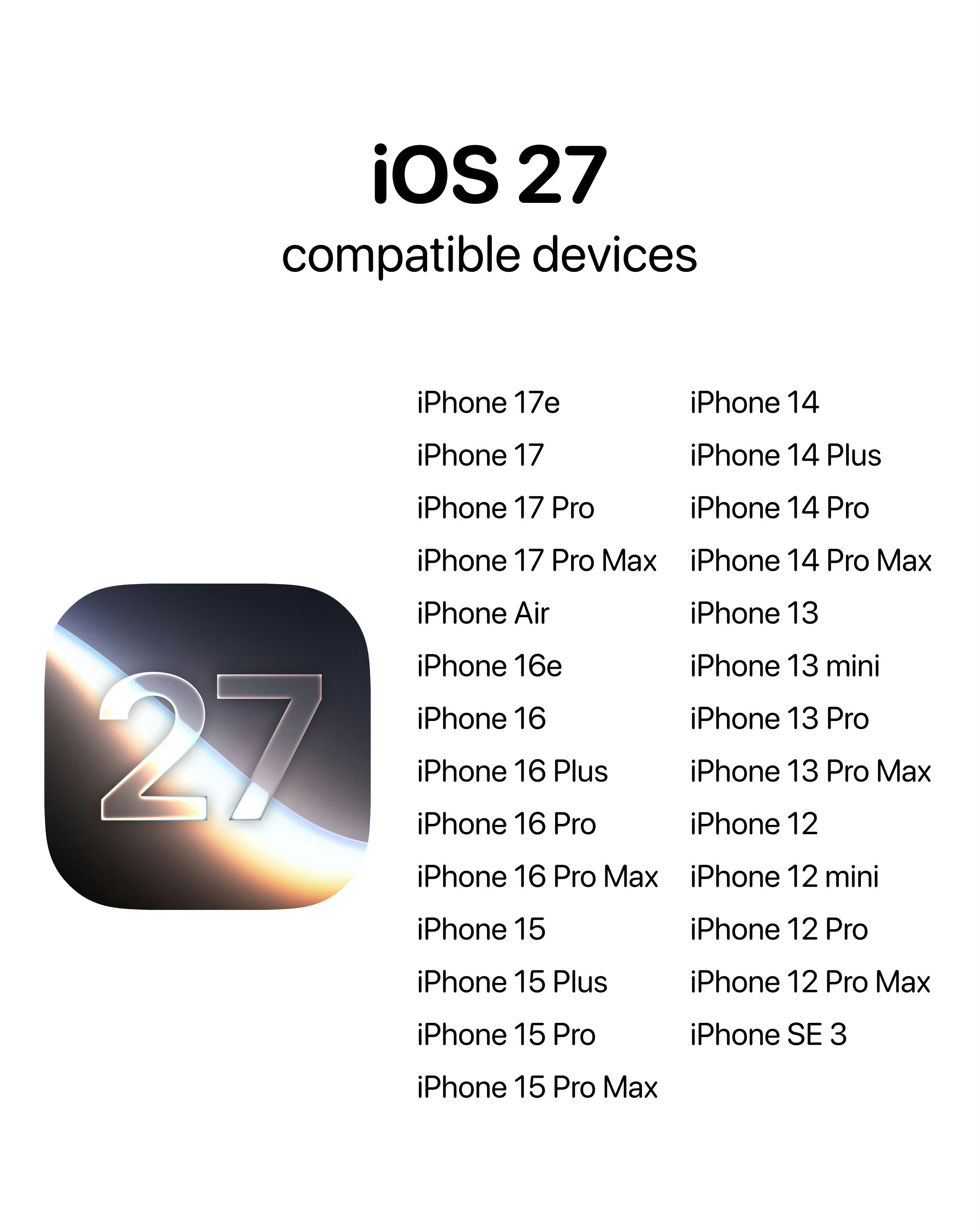 ios27支持的设备、不在这个表单上的旧设备升级不了iOS27、iPhone12