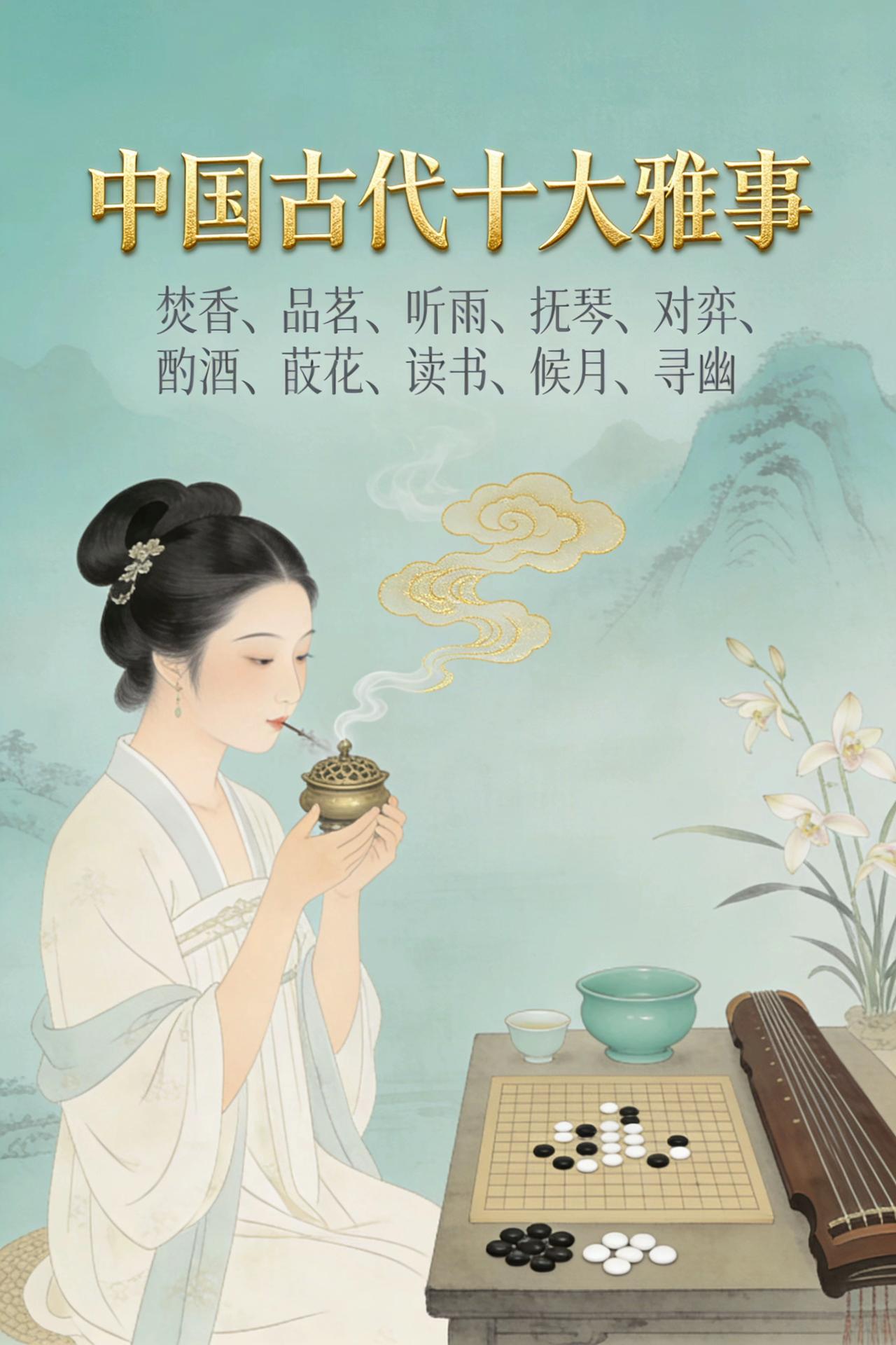 中国古时候的人十大雅事：
焚香、品茗、听雨、抚琴、对弈、酌酒、莳花、读书、候月、