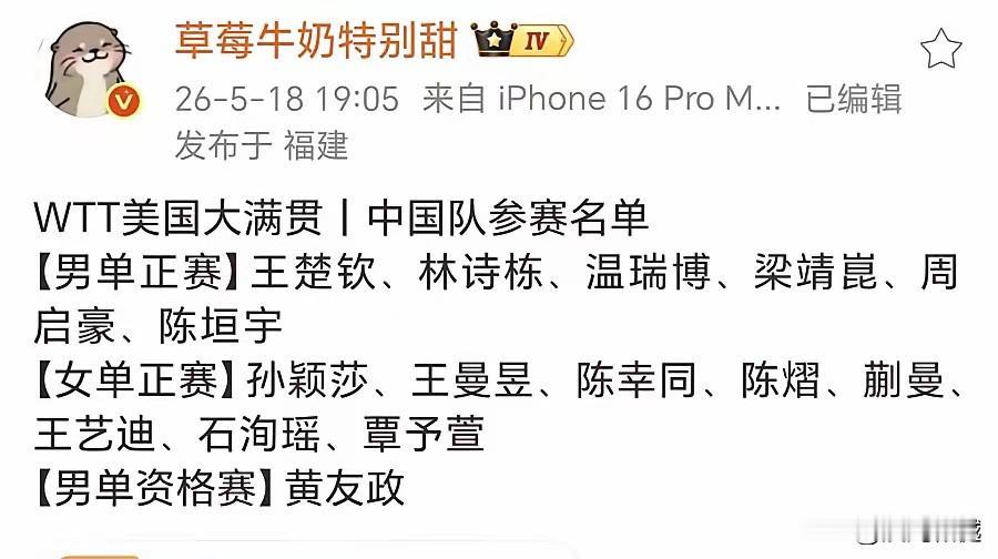 WTT美国大满贯赛，国乒的看点在双打项目上

如果以奥运会候选队员来看，参加单打