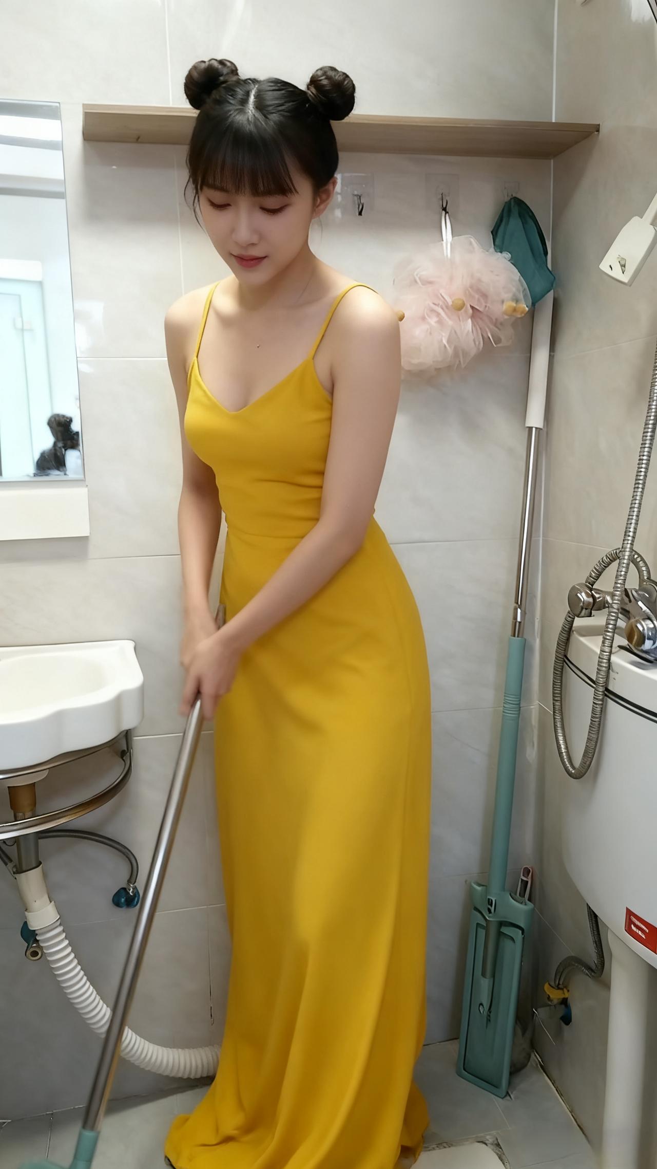 素手轻扫地面尘，黄裙摇曳满室春。
无须粉黛添颜色，劳动者是最美人。