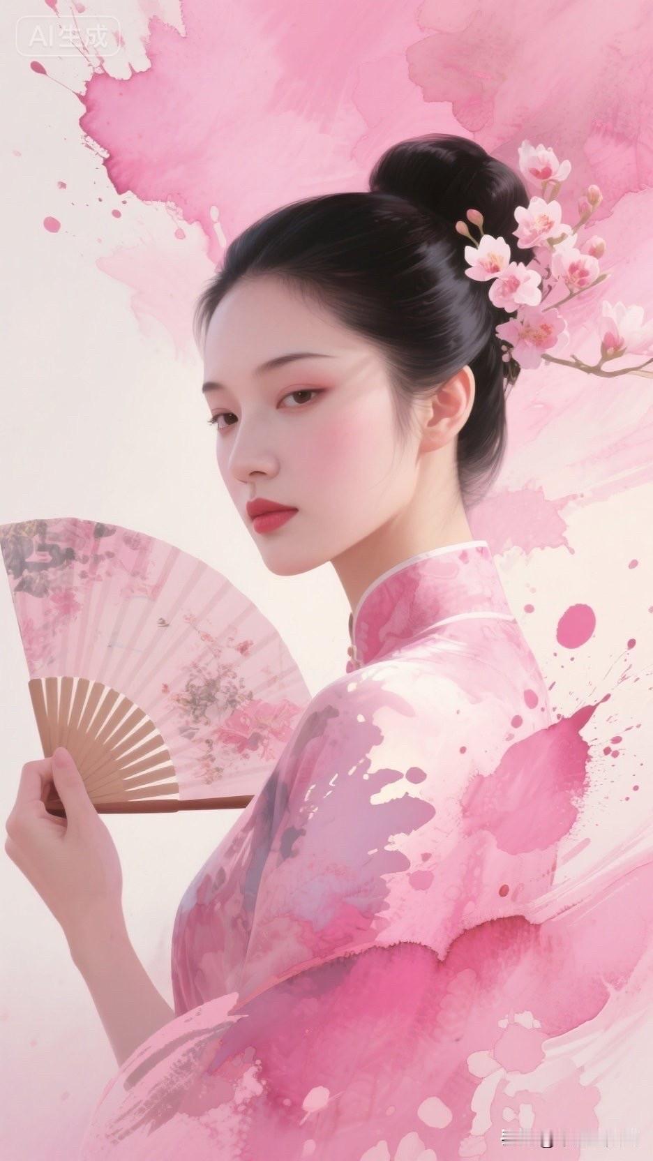 粉嫩梦幻的旗袍少女，手持团扇，宛如画中仙子。