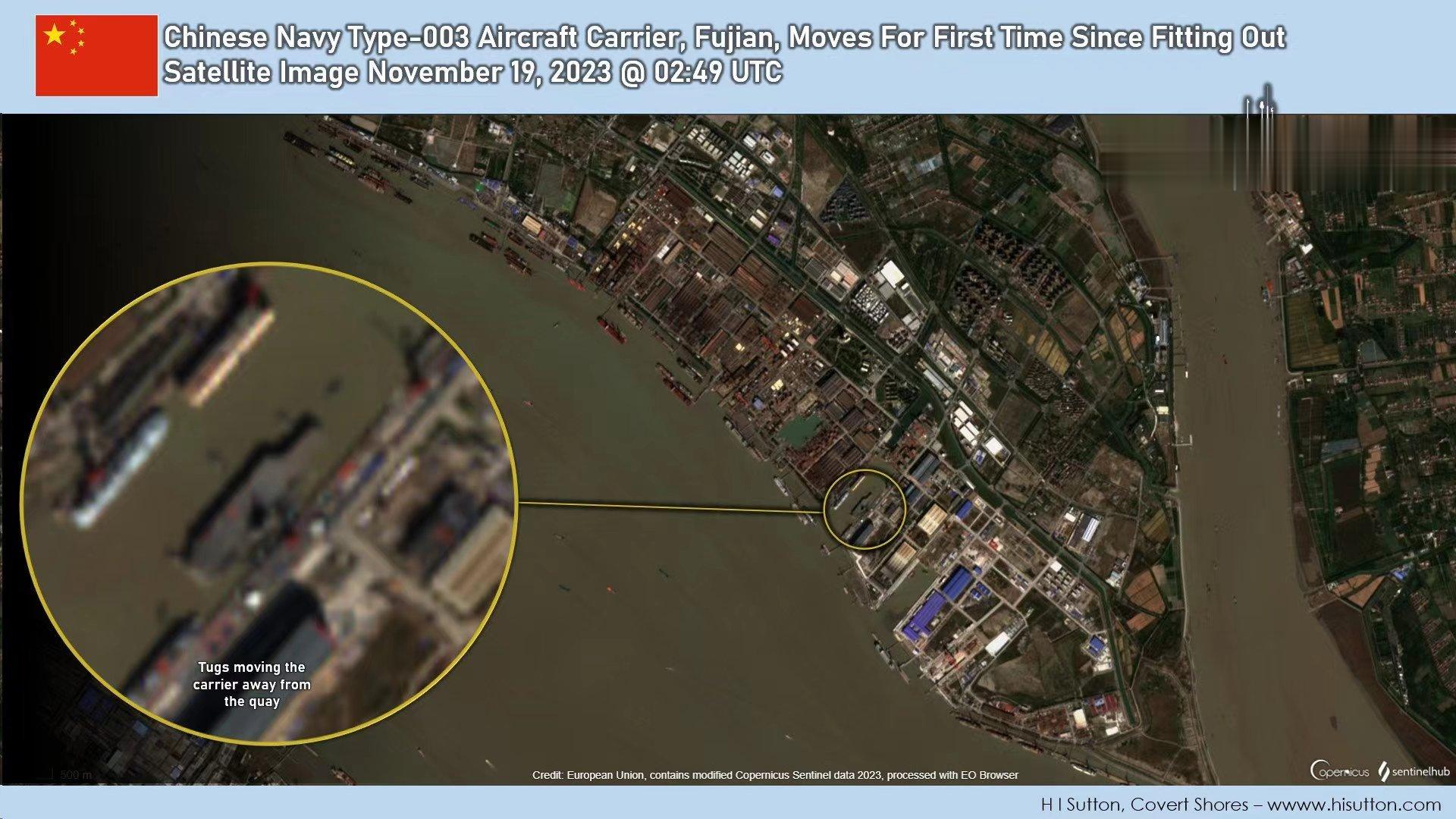 距离“福建舰”首次海试真的近了！根据外媒（H I Sutton）发布的最新卫星图